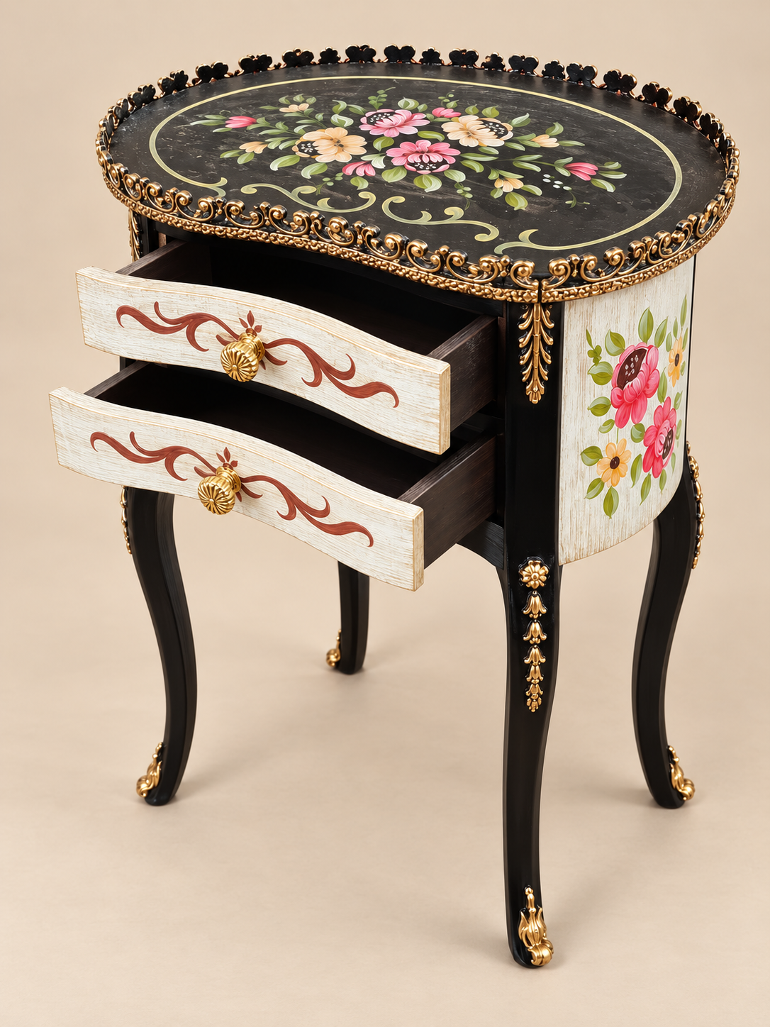 Vintage Hand-Painted Floral 2-Drawer Side Table