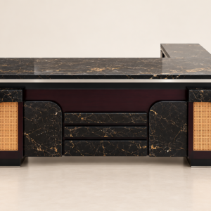 Luxury Executive Office Desk – Black Marble & Cane Design