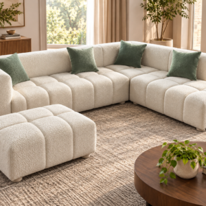 Modern Modular L-Shaped Sofa Set with Ottoman – Ivory Cream