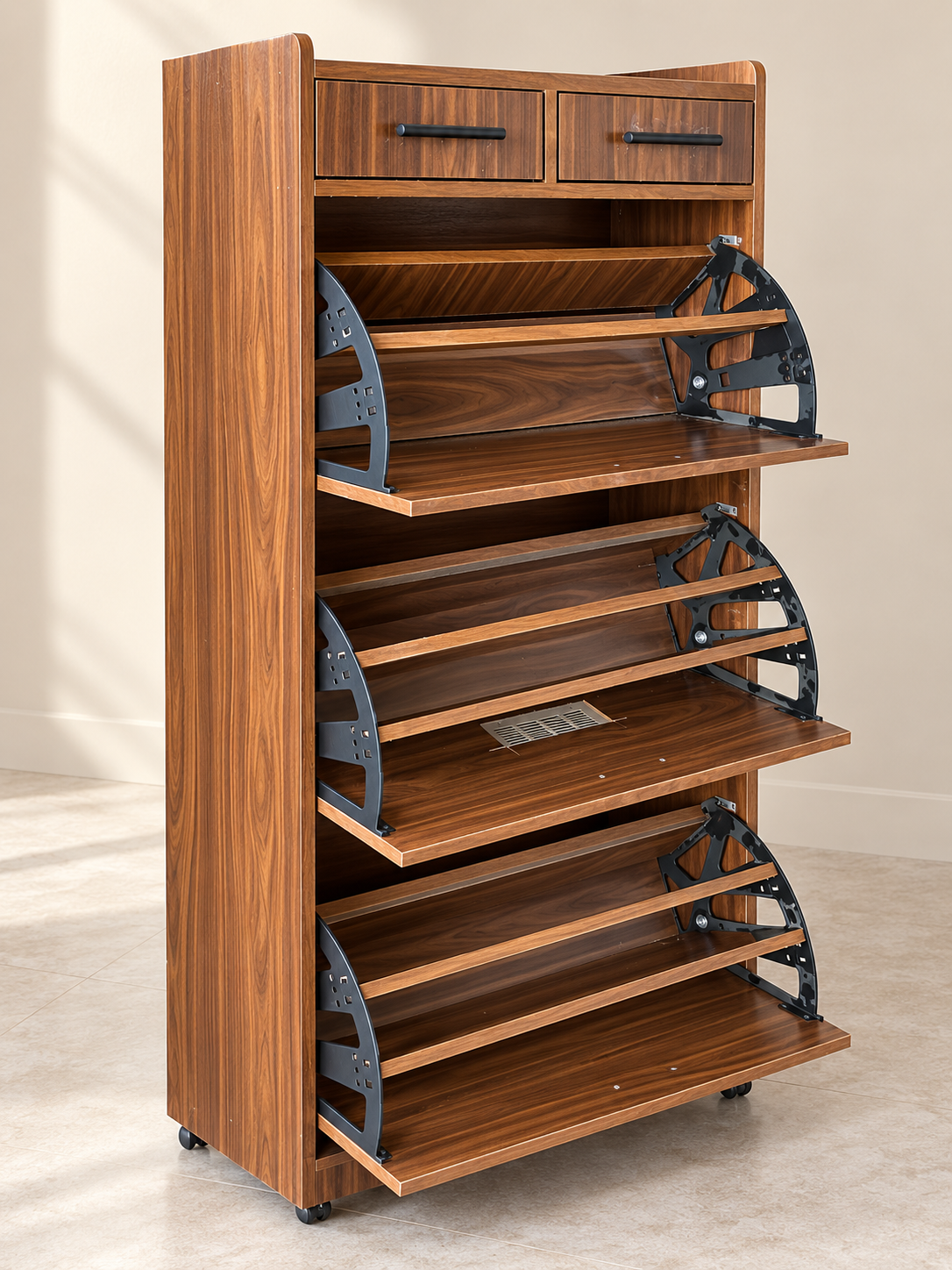 Premium Wooden 3-Tier Shoe Cabinet with Flip-Down Storage & Drawers