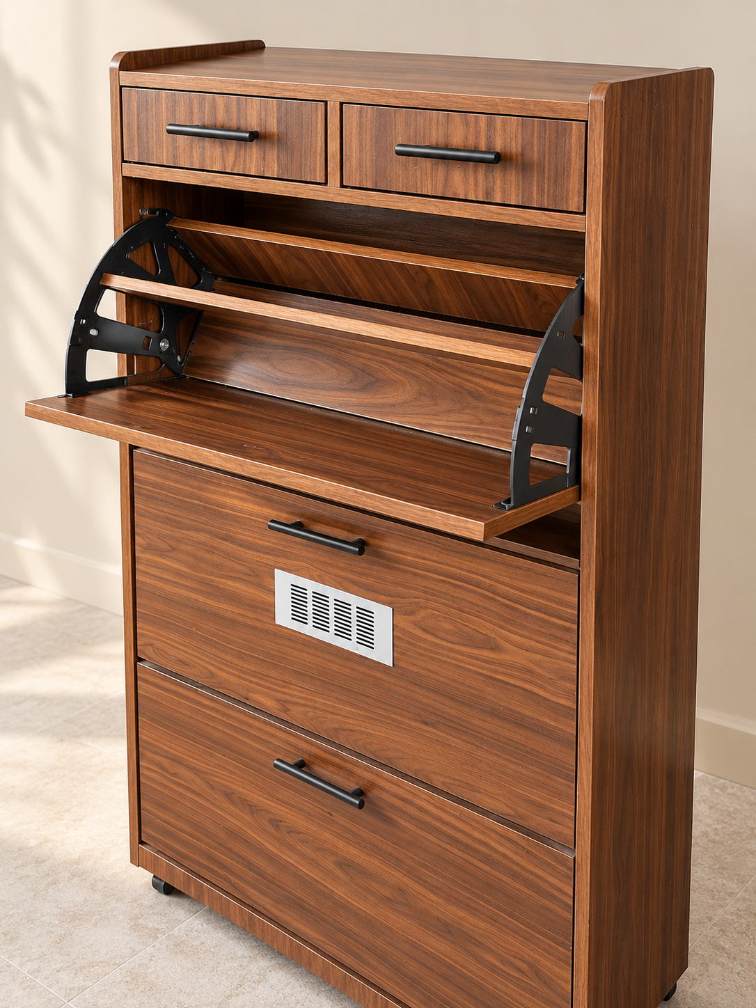 Premium Wooden 3-Tier Shoe Cabinet with Flip-Down Storage & Drawers - Image 5
