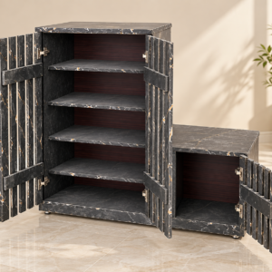 Modern Slatted Storage Cabinet – Black Marble Finish