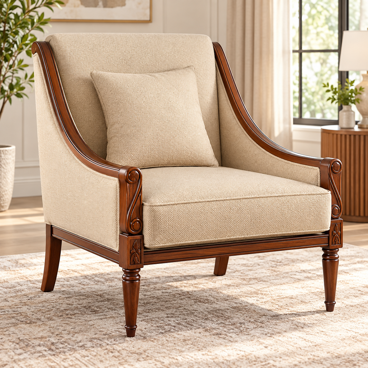 Classic Wooden Sofa Set – 5 Seater Cream Upholstered Set - Image 2