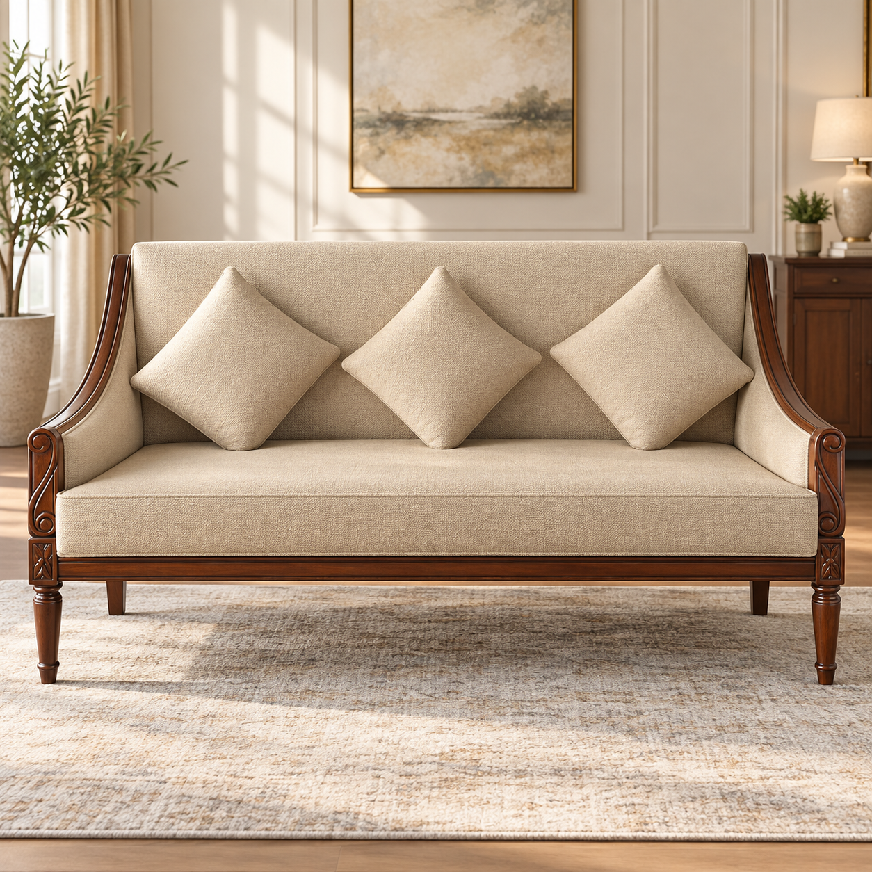 Classic Wooden Sofa Set – 5 Seater Cream Upholstered Set - Image 3