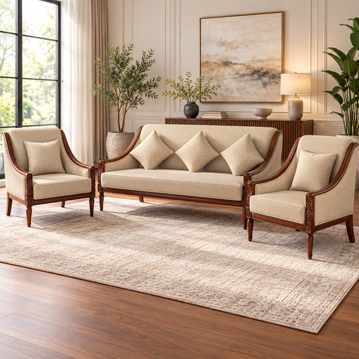 Classic Wooden Sofa Set – 5 Seater Cream Upholstered Set - Image 4