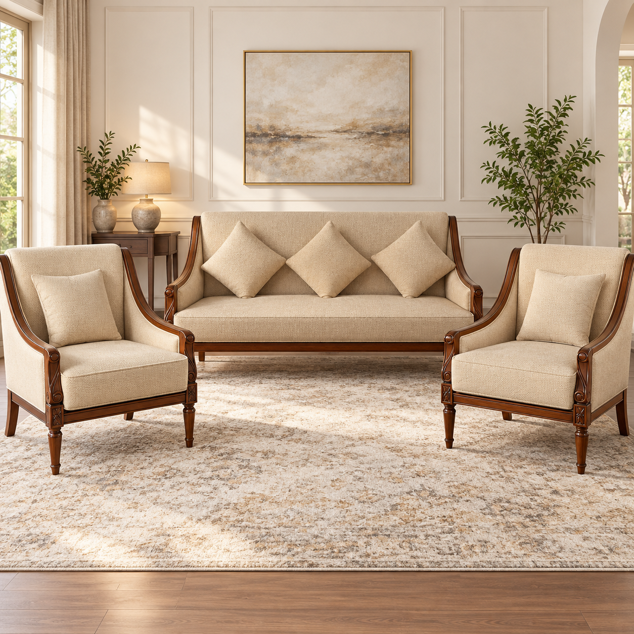 Classic Wooden Sofa Set – 5 Seater Cream Upholstered Set