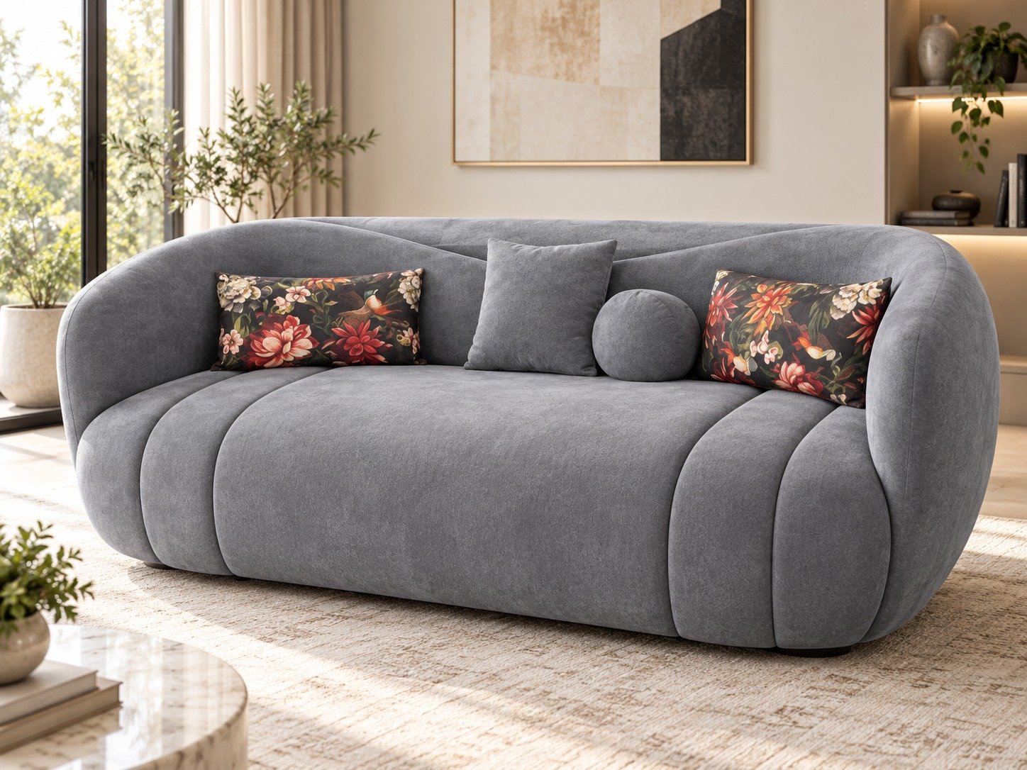 Modern Cloud 3-Seater Sofa – Grey - Image 2