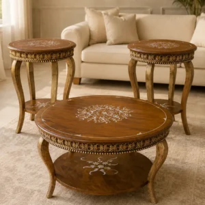 Luxury 3-Piece Coffee & Side Table Set – Vintage Brown & Antique Gold