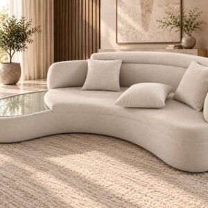 Modern Curved Sofa with Built-In Glass Side Table