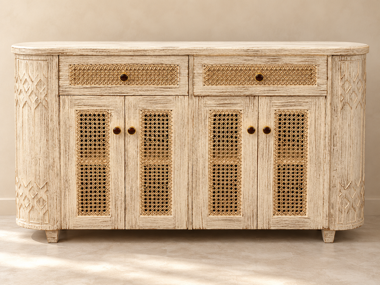 Antique Cream Cane-Front Sideboard-1 Vintage Cream Cane Sideboard – 4 Door Storage Cabinet - Image 1