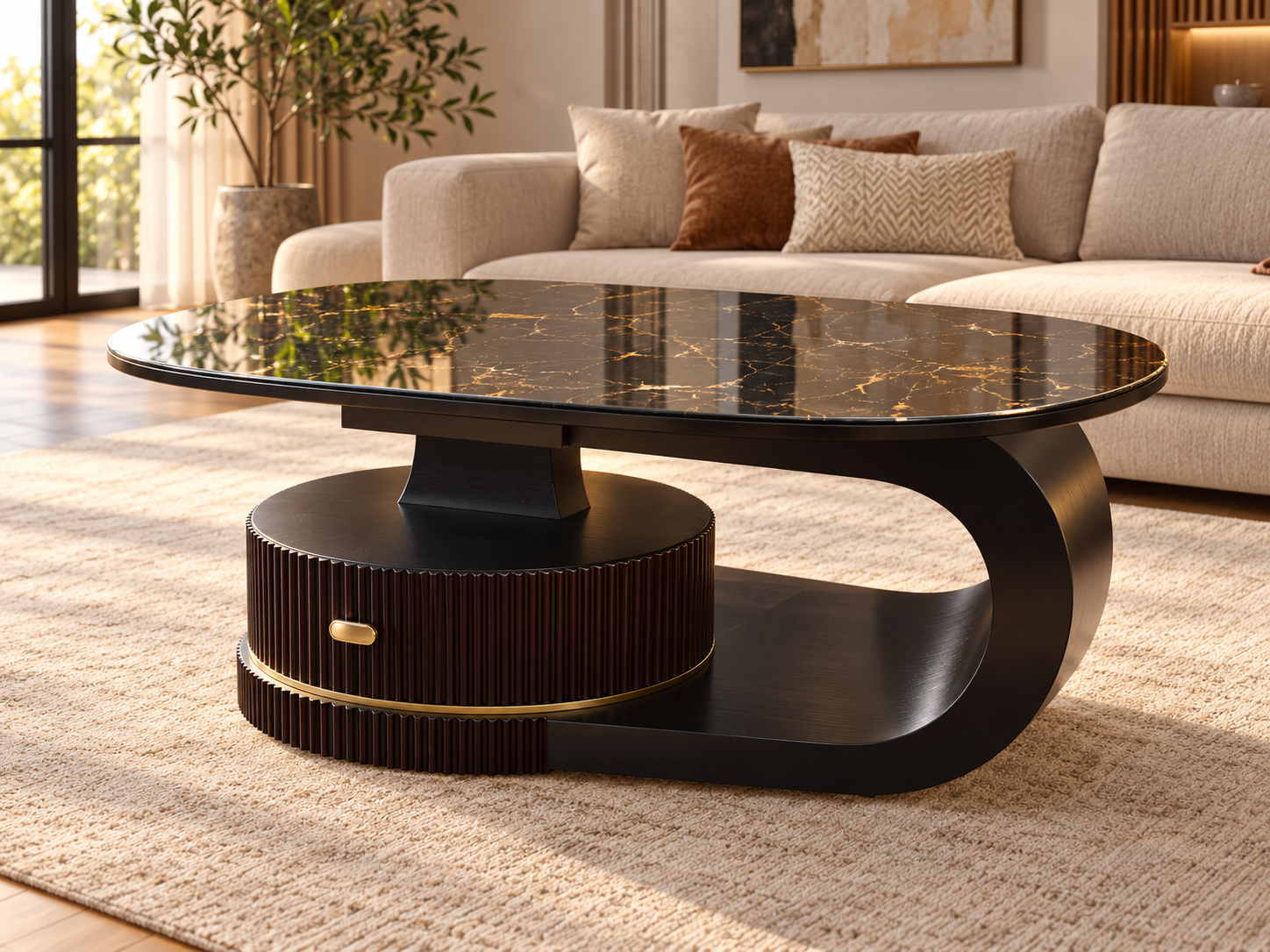 Asymmetric Black Marble Table with Curved Shelf Luxury Black Marble Center Table with Storage – Modern Gold Accent Design - Image 1