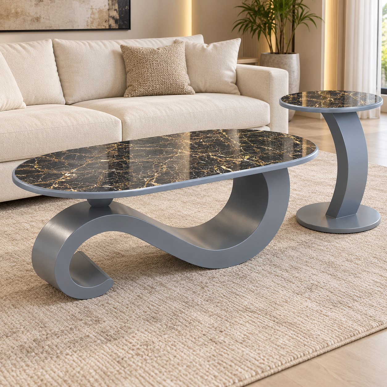 Black Marble Coffee and Side Table Pair-3 Luxury Black Marble Design Center Table – Waterproof Sheet Top & Sculptural Base - Image 1