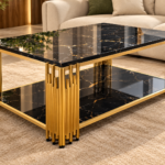 Luxury Black Marble Center Table – Gold Frame with Lower Shelf