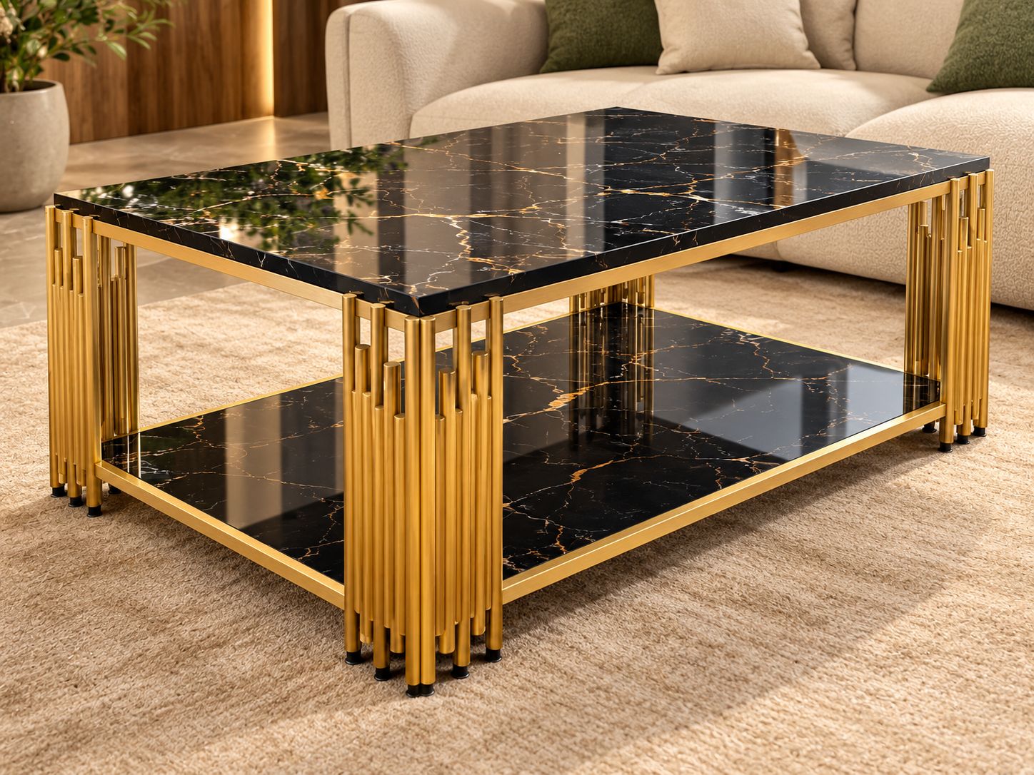 Black marble table with gold rod legs-2 Luxury Black Marble Center Table – Gold Frame with Lower Shelf - Image 1