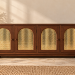 4-Door Wooden Cane Sideboard – Arched Rattan Storage Cabinet