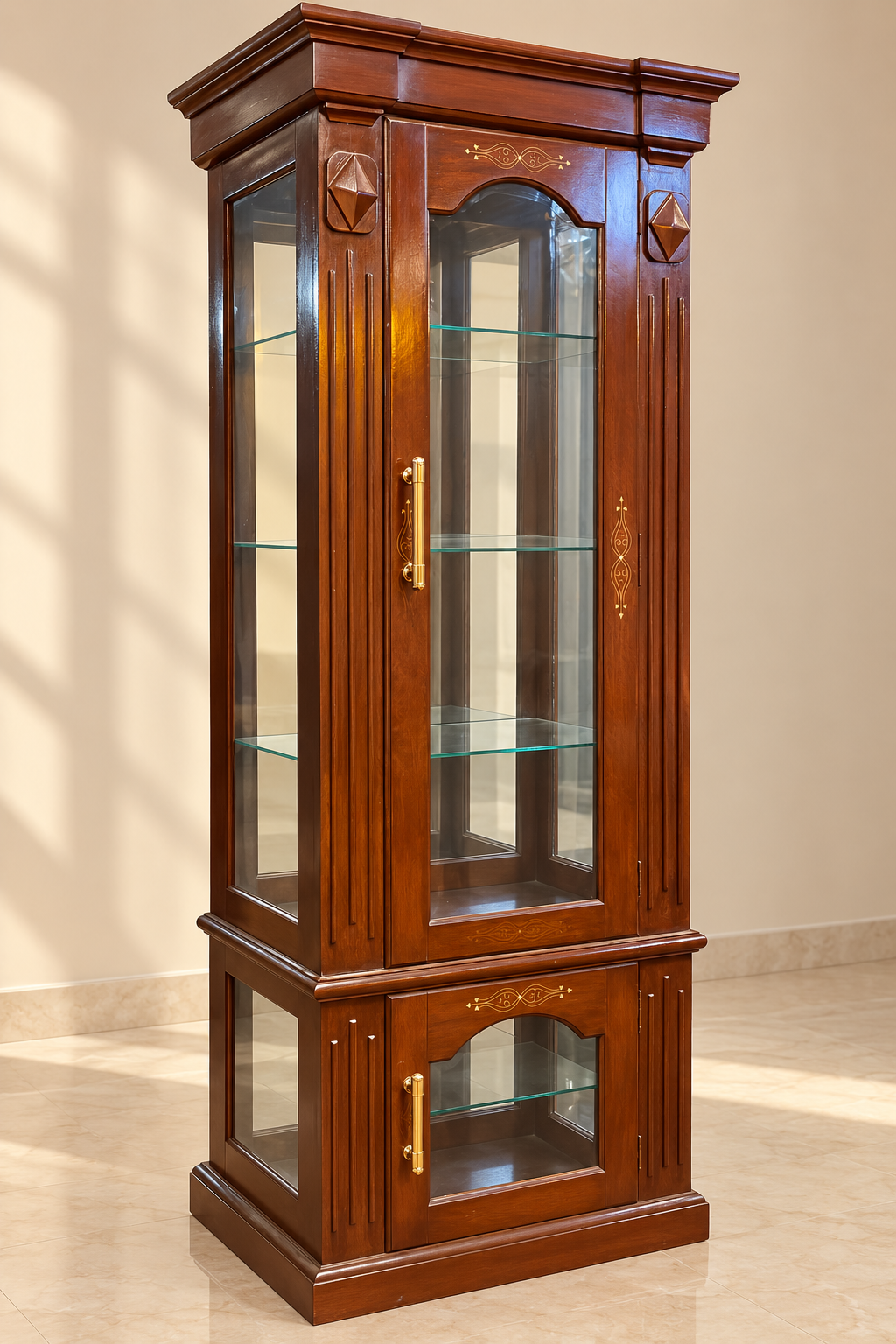 Front-left wooden glass display cabinet Wooden Glass Display Cabinet – Classic Showcase - Image 1