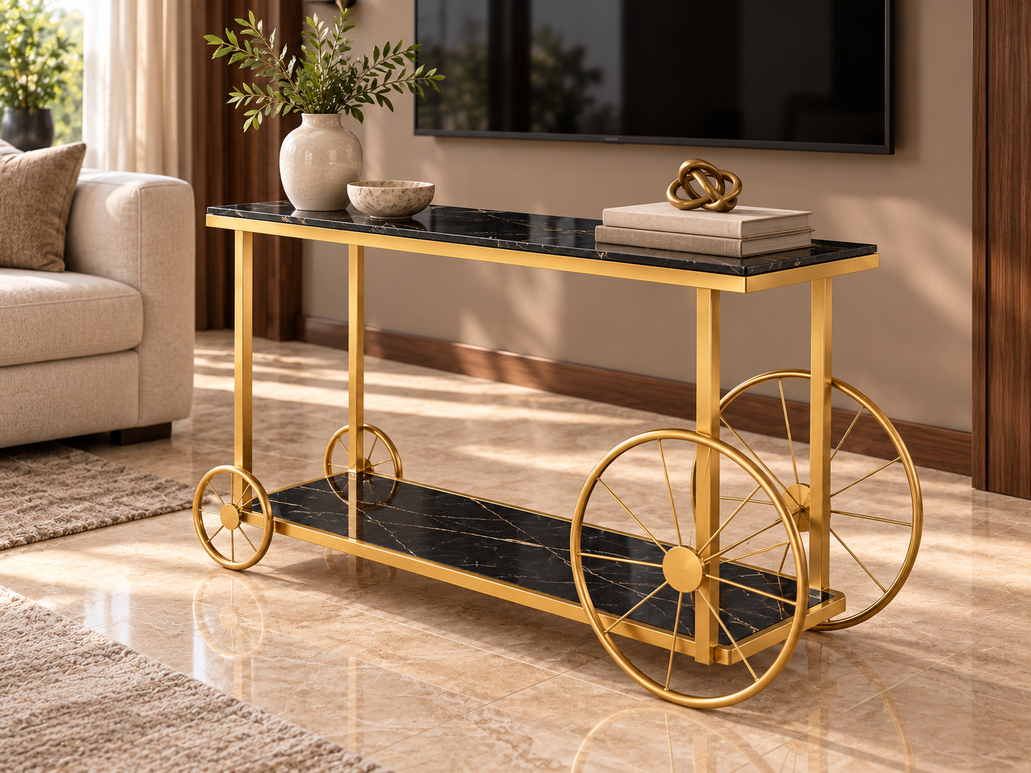 Gold Trolley in Elegant TV Lounge Black & Gold Trolley-Style Decorative Console Table - Image 1