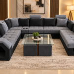 Luxury U-Shaped Sectional Sofa Set – Grey & Black