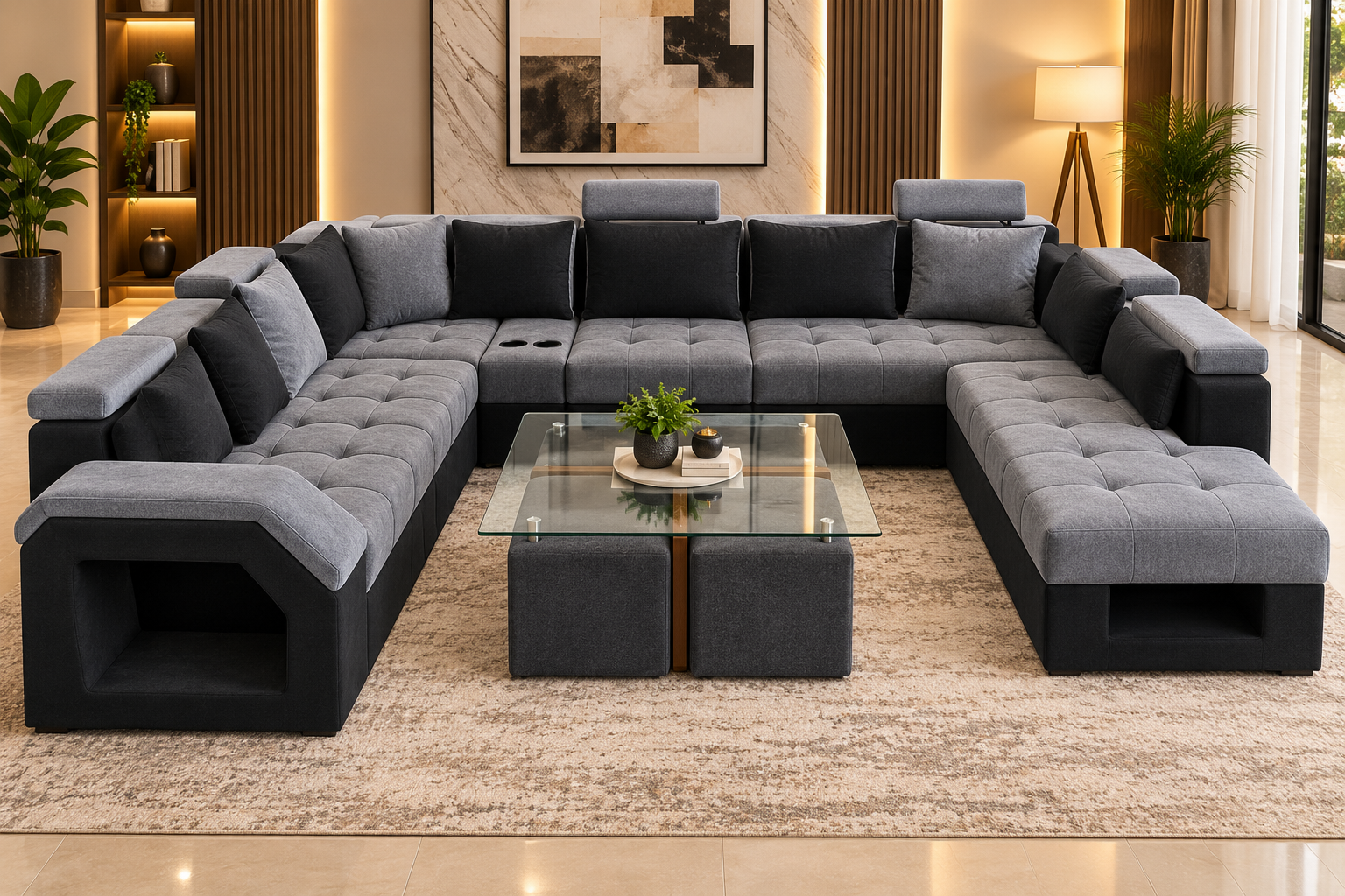 Grey and black U-shaped sectional set-1 Luxury U-Shaped Sectional Sofa Set – Grey & Black - Image 1