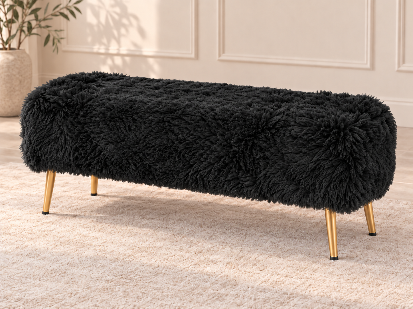 Long black faux-fur bench with gold legs Fluffy Bench – Available in Different Colours - Image 1