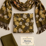 Premium Marina 3-Piece Unstitched Winter Suit with Shawl – Olive Green Floral Print | Free Delivery Across Pakistan