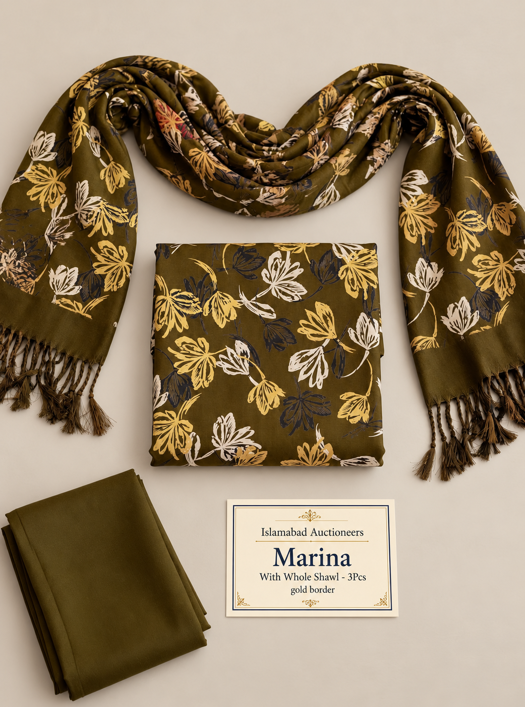 Marina Shawl Auction Display-22 Premium Marina 3-Piece Unstitched Winter Suit with Shawl – Olive Green Floral Print | Free Delivery Across Pakistan - Image 1