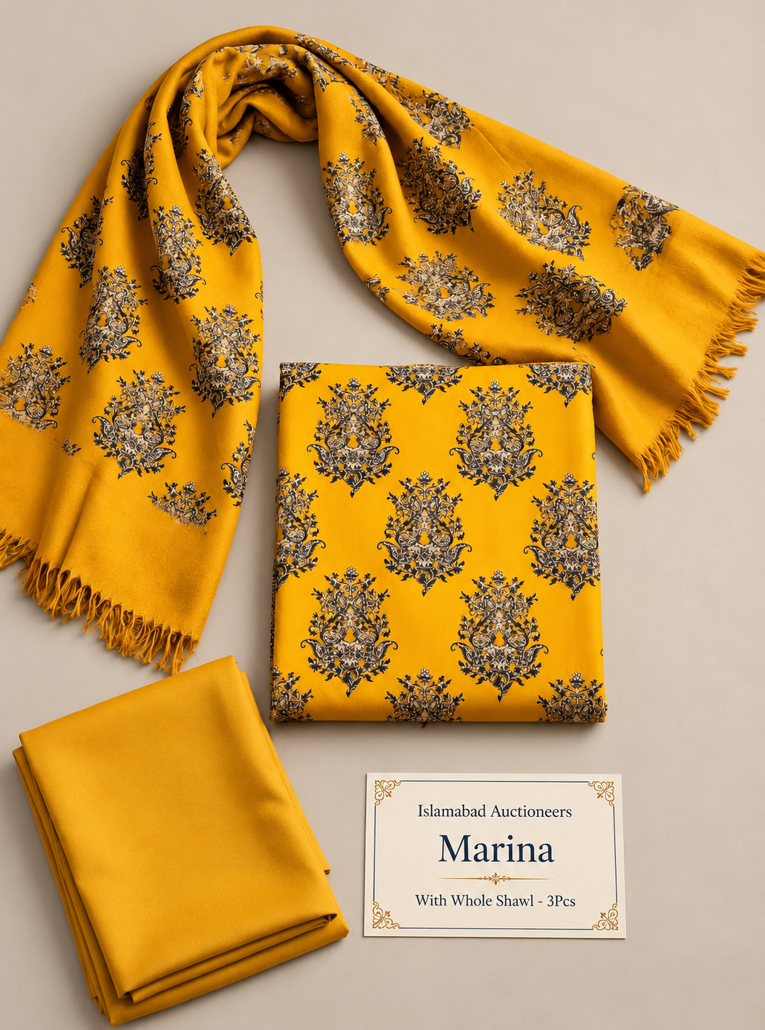 Marina shawl set auction display-8 Premium Marina 3-Piece Unstitched Winter Suit with Whole Shawl – Mustard Yellow | Free Delivery Across Pakistan - Image 1