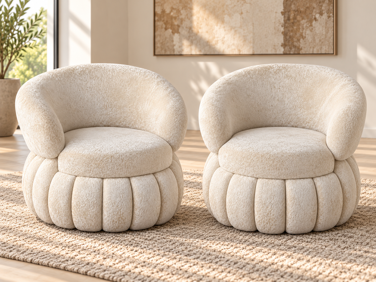 Matched ivory barrel chairs Luxury 360° Swivel Barrel Chair – Ivory Cream - Image 1