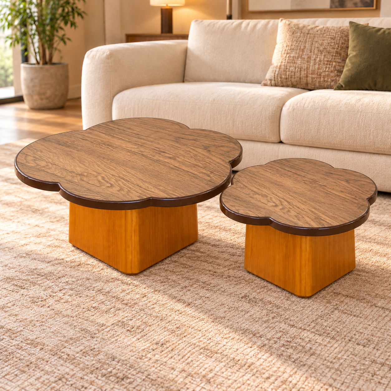 Matching Matte Oak Table Pair Modern 2-Piece Cloud Shape Center Table Set – Marble Design Sheet Top - Image 1