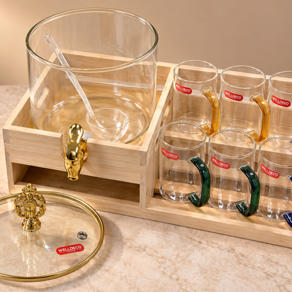 welldeco-premium-glass-beverage-dispenser-set-with-6-colourful-handle-cups-wooden-stand-free-delivery-across-pakistan