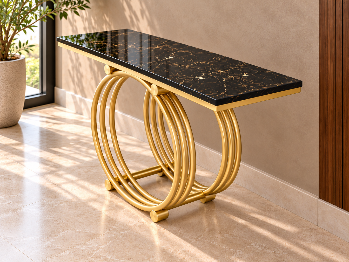 Opposite View of Gold Marble Console Black & Gold Marble-Effect Console Table with Circular Base - Image 1