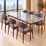 6-Seater Grey Marble-Look Dining Set with Upholstered Wooden Chairs