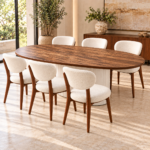 Luxury 6-Seater Oval Walnut Dining Table Set – Cream Upholstered Chairs