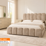 Luxury King Size Upholstered Bedroom Set – Taupe Beige Bed with Dressing Table & Side Tables
