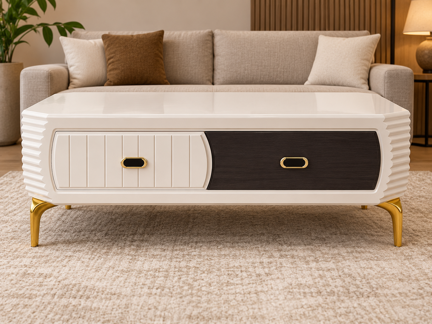 Two-tone clipped-corner center table-2 Luxury White & Black Center Table with Drawers – Gold Accent Design - Image 1