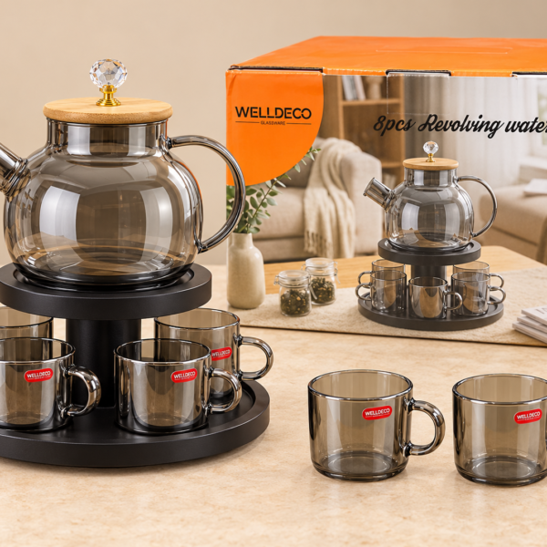 welldeco-8-piece-smoky-glass-revolving-water-set-with-bamboo-lid-free-delivery-across-pakistan