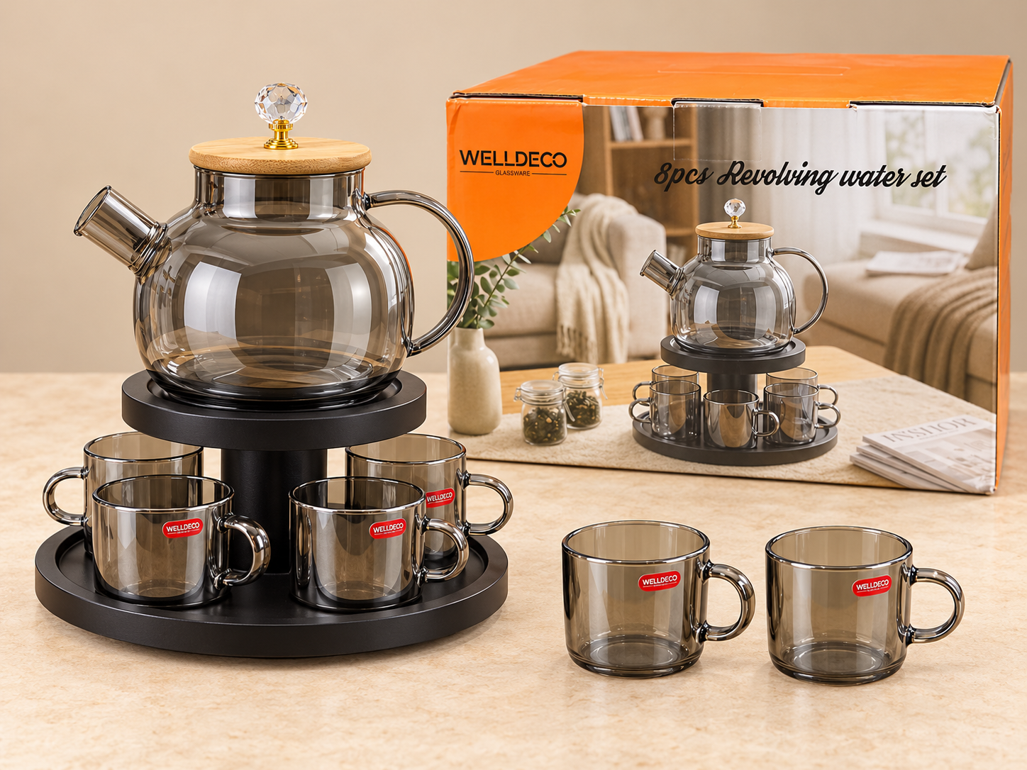 WELLDECO Smoky Glass Revolving Water Set-3 WELLDECO 8-Piece Smoky Glass Revolving Water Set with Bamboo Lid – Free Delivery Across Pakistan - Image 1