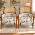 Luxury Walnut Cane Accent Chairs – Set of 2 with Floral Upholstery