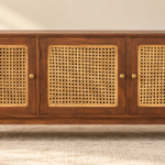Premium 3-Door Wooden Cane Sideboard – Rattan Storage Cabinet