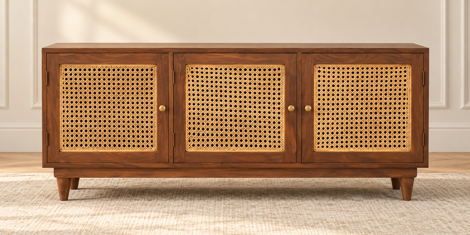 Walnut cane console cabinet-1 Premium 3-Door Wooden Cane Sideboard – Rattan Storage Cabinet - Image 1