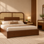 Modern Wooden Cane Bedroom Set – Bed, Side Tables & Dressing Table