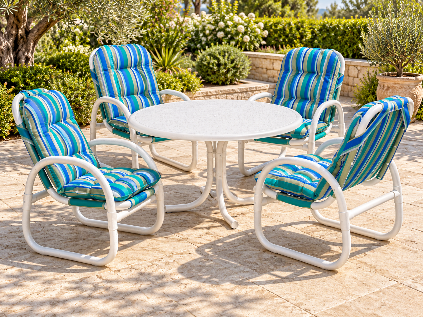 White Round Table with Striped Chairs (1) 4-Seater Outdoor Garden Dining Set – Round White Table with Cushioned Chairs - Image 1