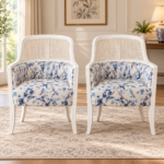 Vintage White Cane Accent Chairs – Set of 2 with Blue Floral Upholstery