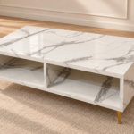 Modern White Marble Center Table with Open Storage & Gold Legs