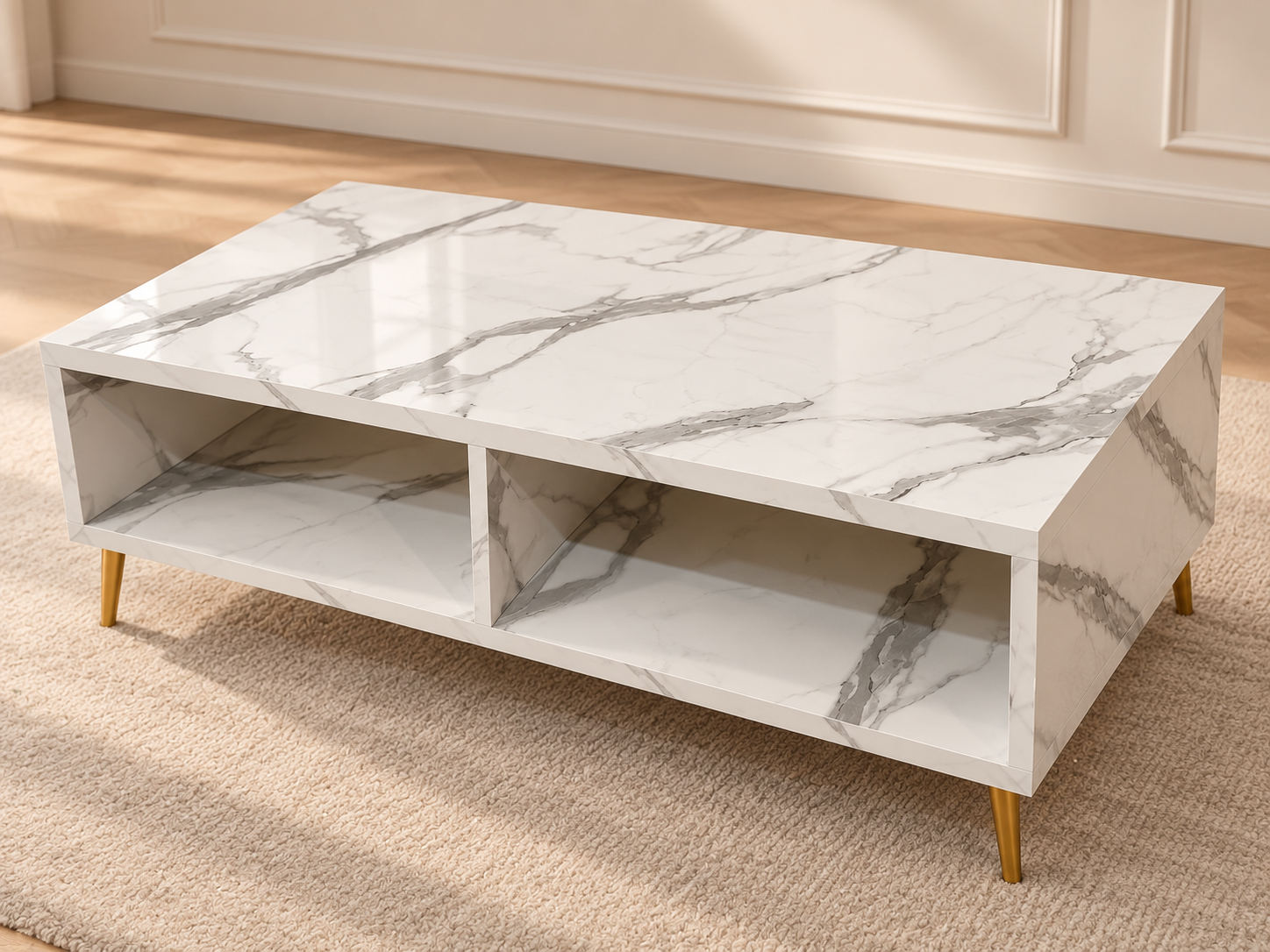 White marble coffee table with gold legs-5 Modern White Marble Center Table with Open Storage & Gold Legs - Image 1