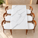 Luxury 6-Seater White Marble Dining Table Set – Walnut Wooden Chairs